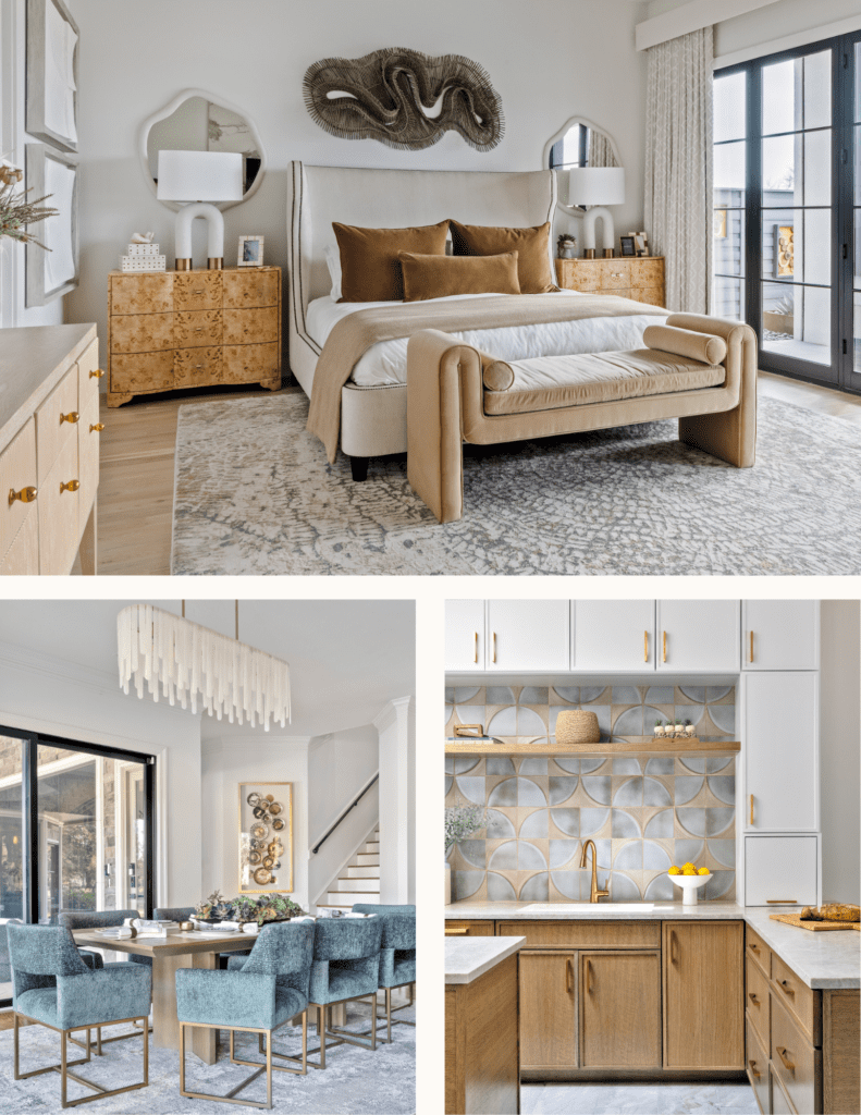 Modern Dallas interior design featuring a cozy bedroom, elegant dining space with teal chairs, and a kitchen with custom cabinetry and geometric tile backsplash.