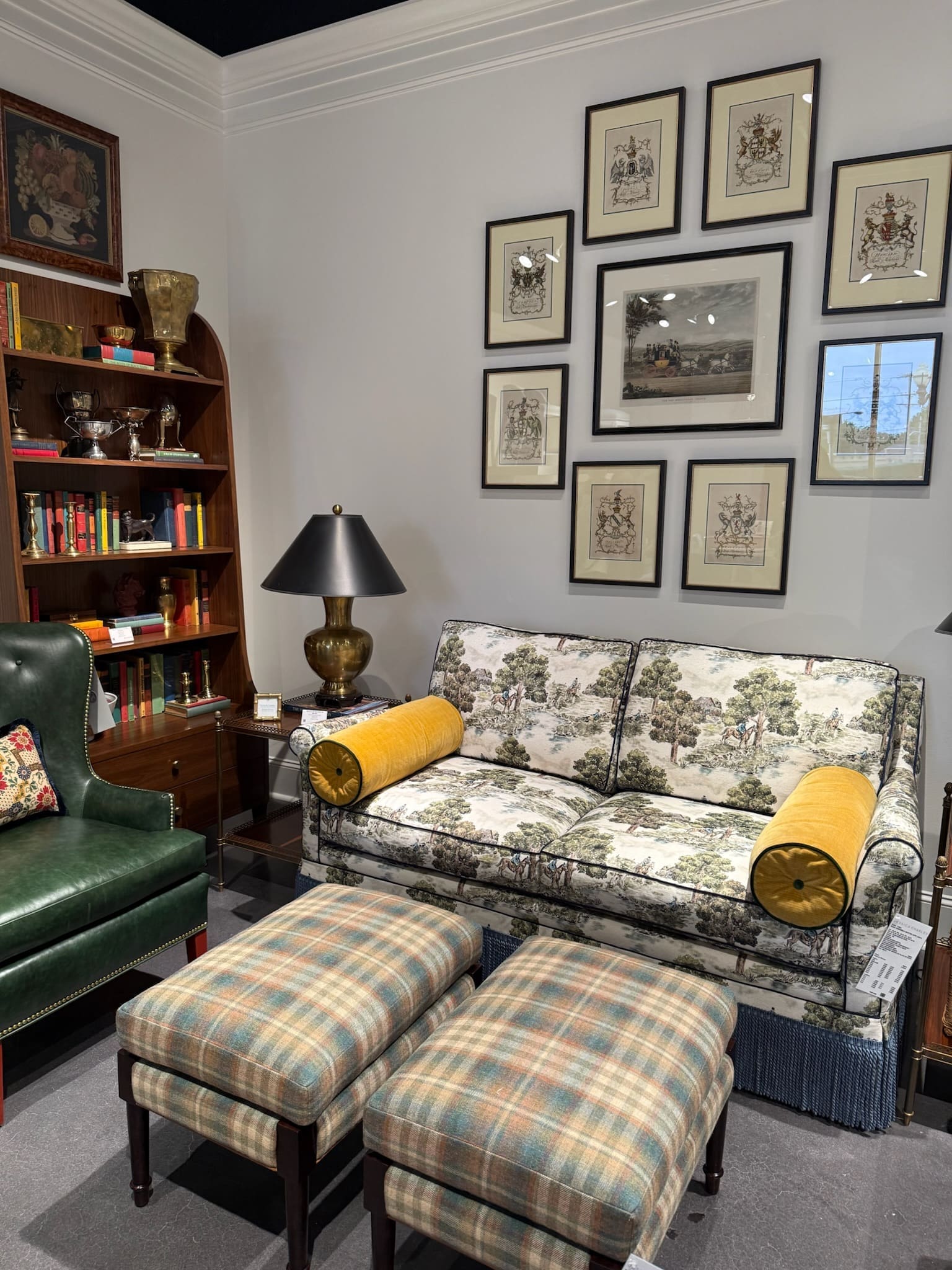 Fringe trim upholstery plaid ottomans ornate gallery wall High Point Market 2026 Baker Design Group Dallas luxury interior design trends