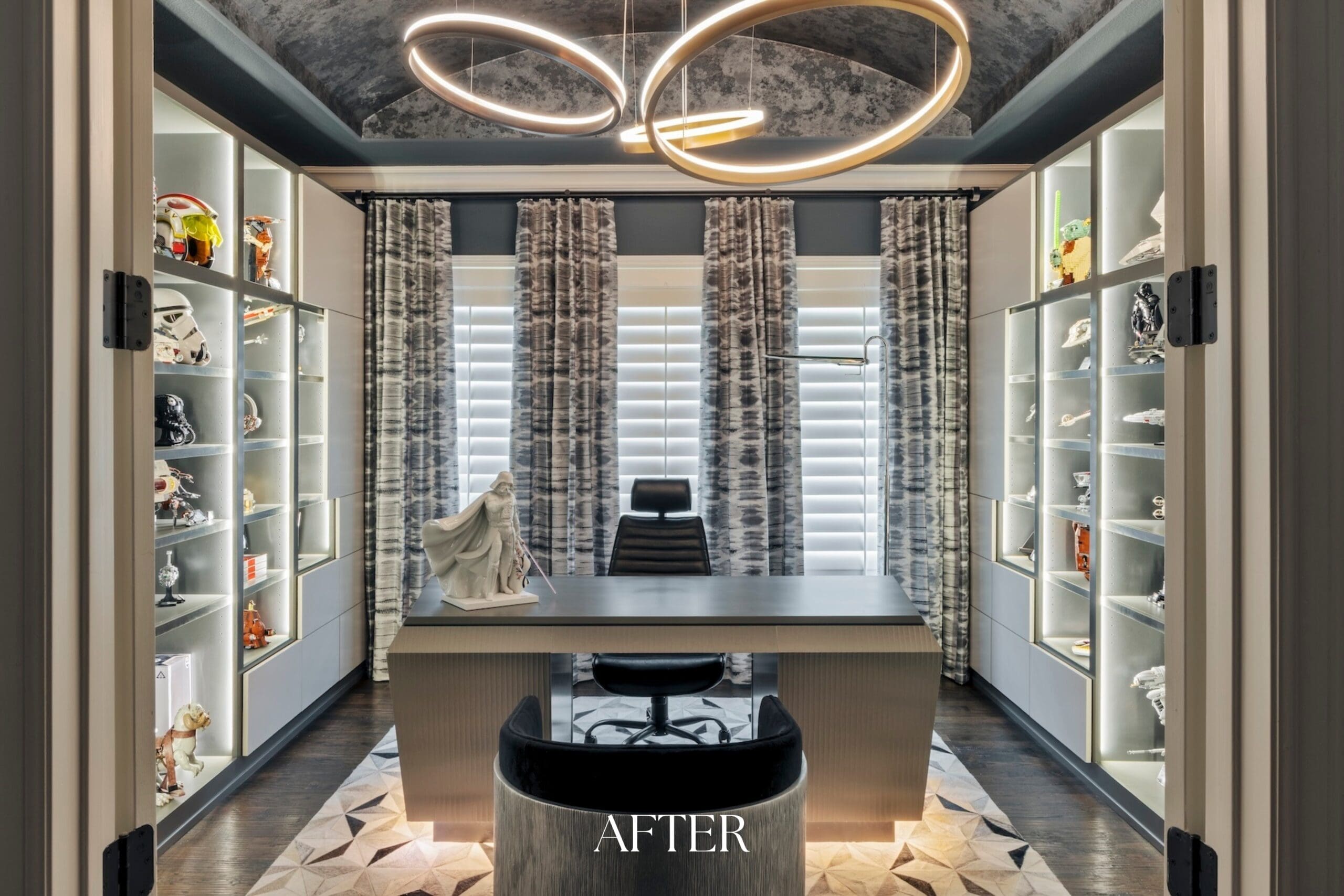 Luxury home office design in Frisco with backlit display cabinetry and a sculptural ring chandelier